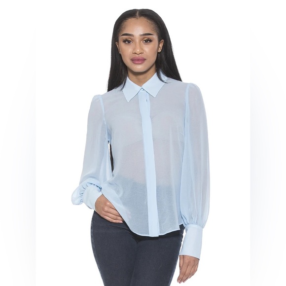 Alexia Admor NWT Womens 6 Zayn Blouson Sleeve Sheer Blouse Halogen Blue - Picture 2 of 11